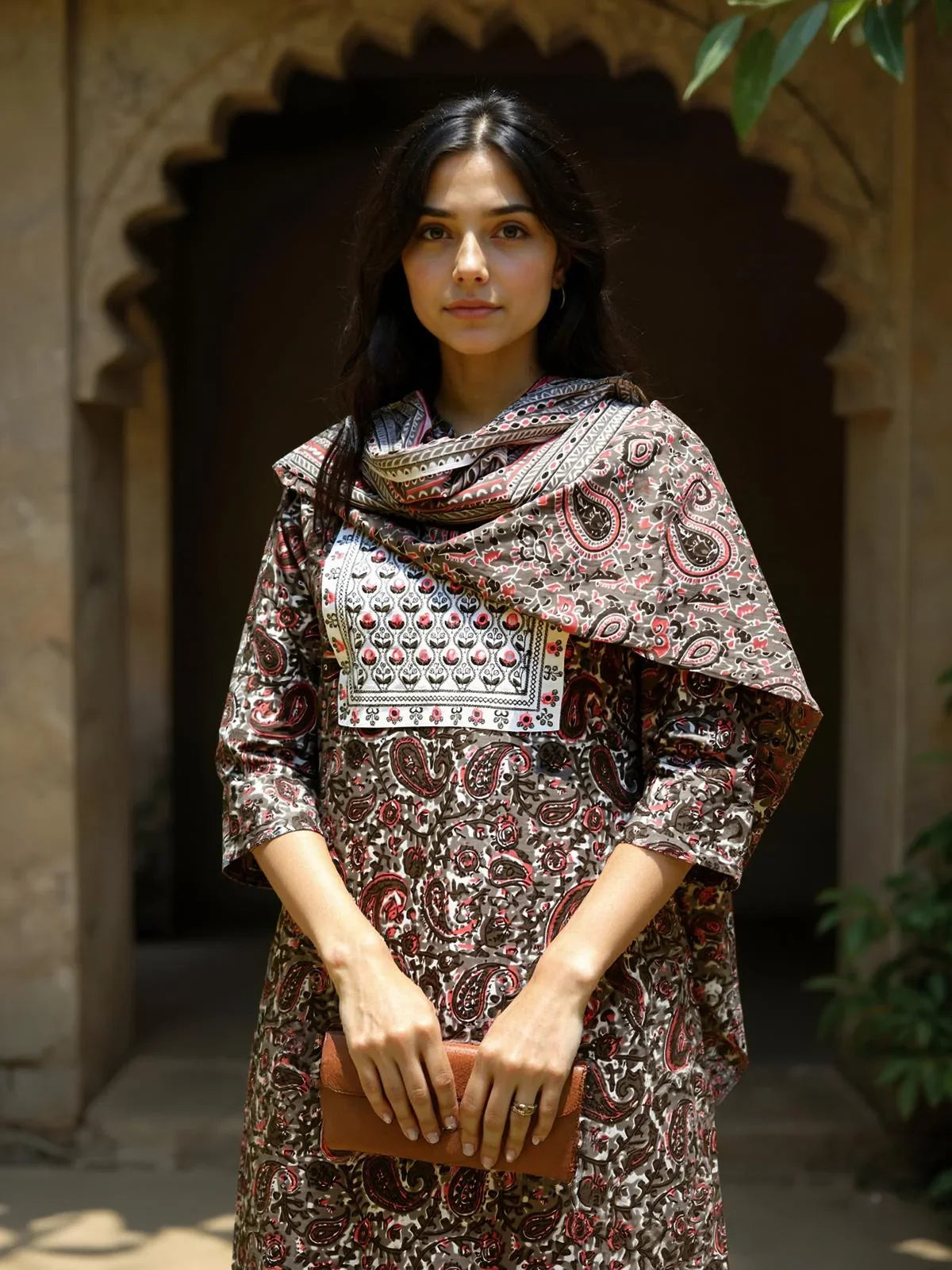 Buy Cotton Embroidered Straight Calf Length Kurta with Pant and Dupatta-Brown