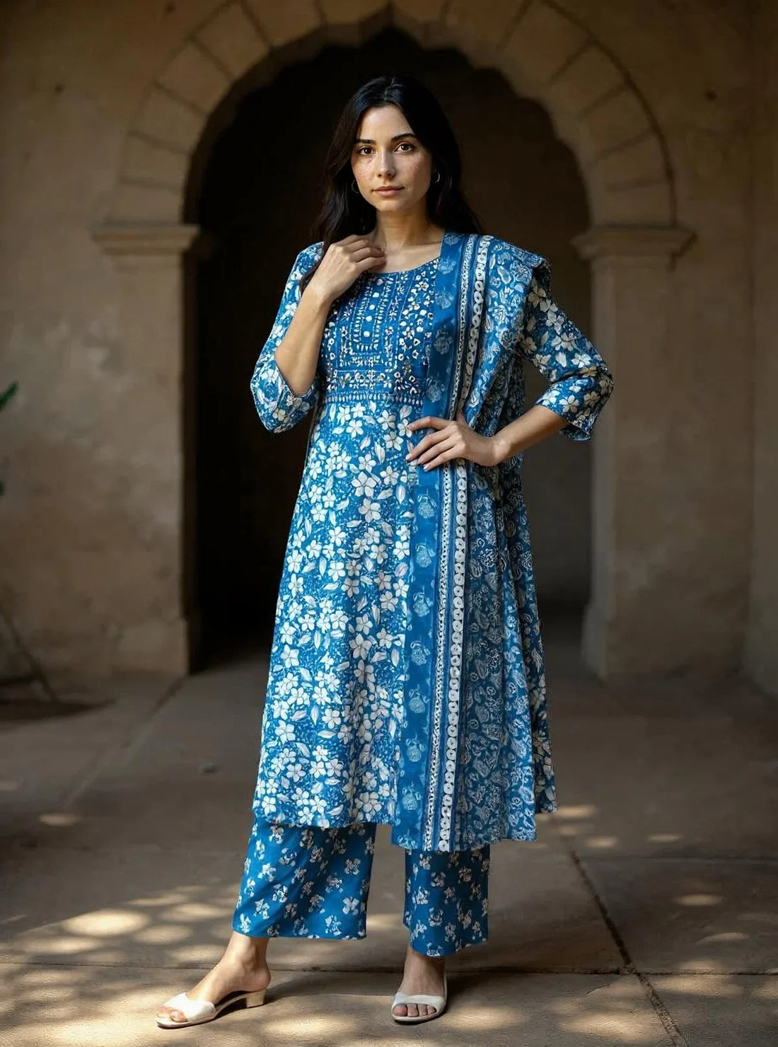 Buy Cotton Embroidered Straight Calf Length Kurta with Pant and Dupatta-Blue