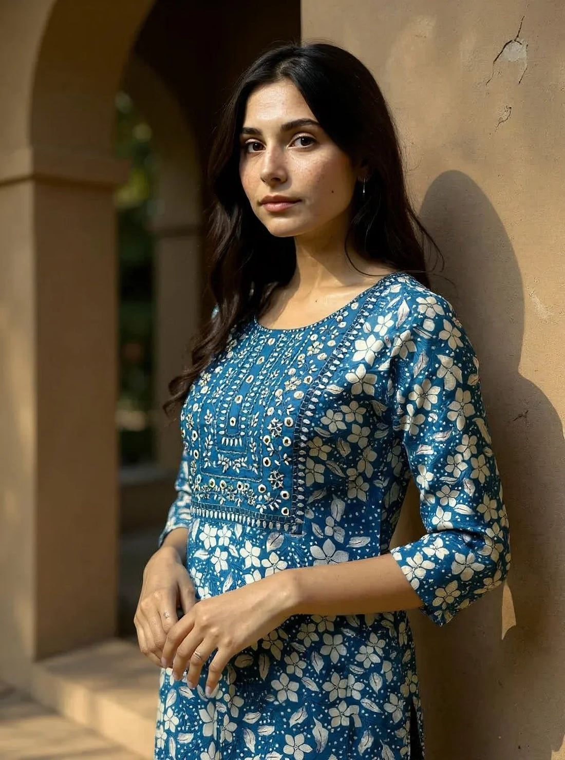 Buy Cotton Embroidered Straight Calf Length Kurta with Pant and Dupatta-Blue