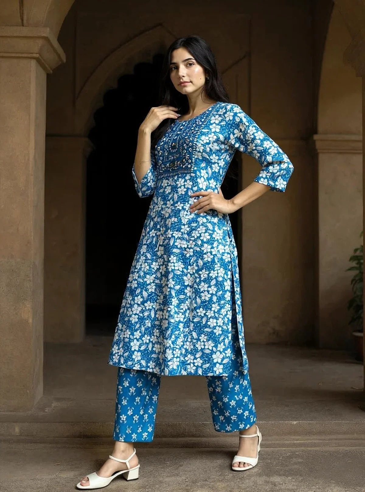 Buy Cotton Embroidered Straight Calf Length Kurta with Pant and Dupatta-Blue
