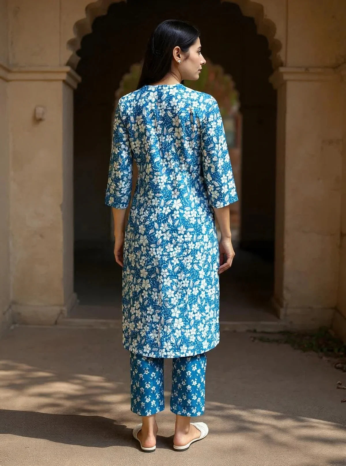 Buy Cotton Embroidered Straight Calf Length Kurta with Pant and Dupatta-Blue