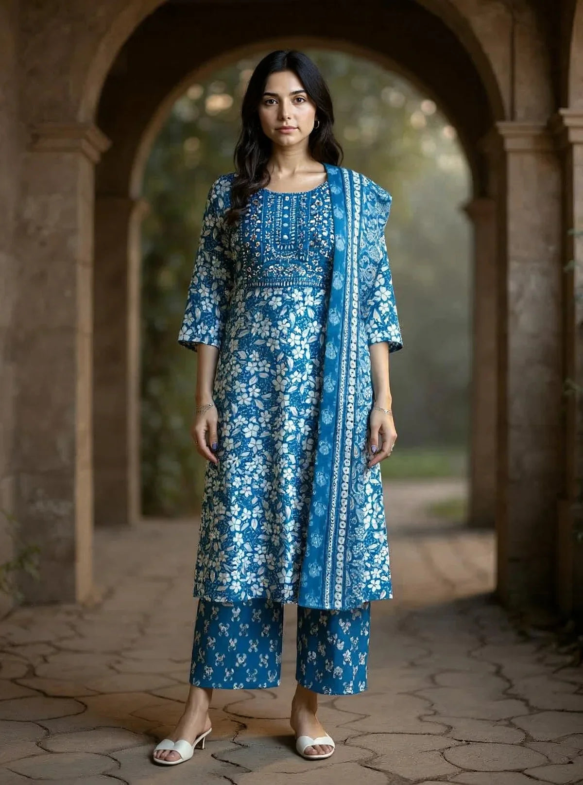 Buy Cotton Embroidered Straight Calf Length Kurta with Pant and Dupatta-Blue