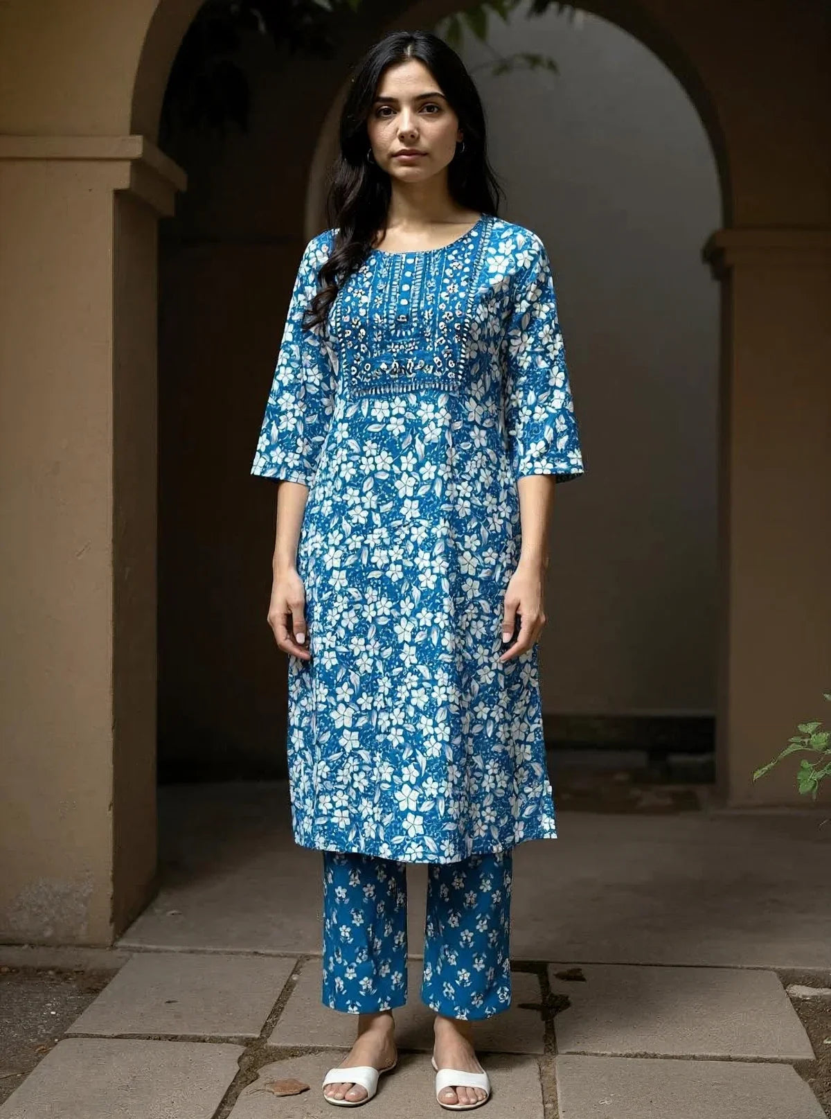 Buy Cotton Embroidered Straight Calf Length Kurta with Pant and Dupatta-Blue