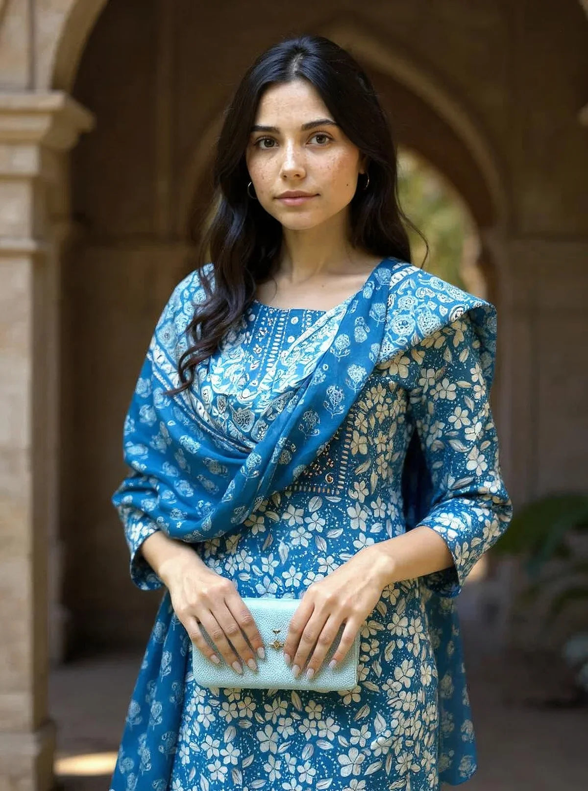 Buy Cotton Embroidered Straight Calf Length Kurta with Pant and Dupatta-Blue