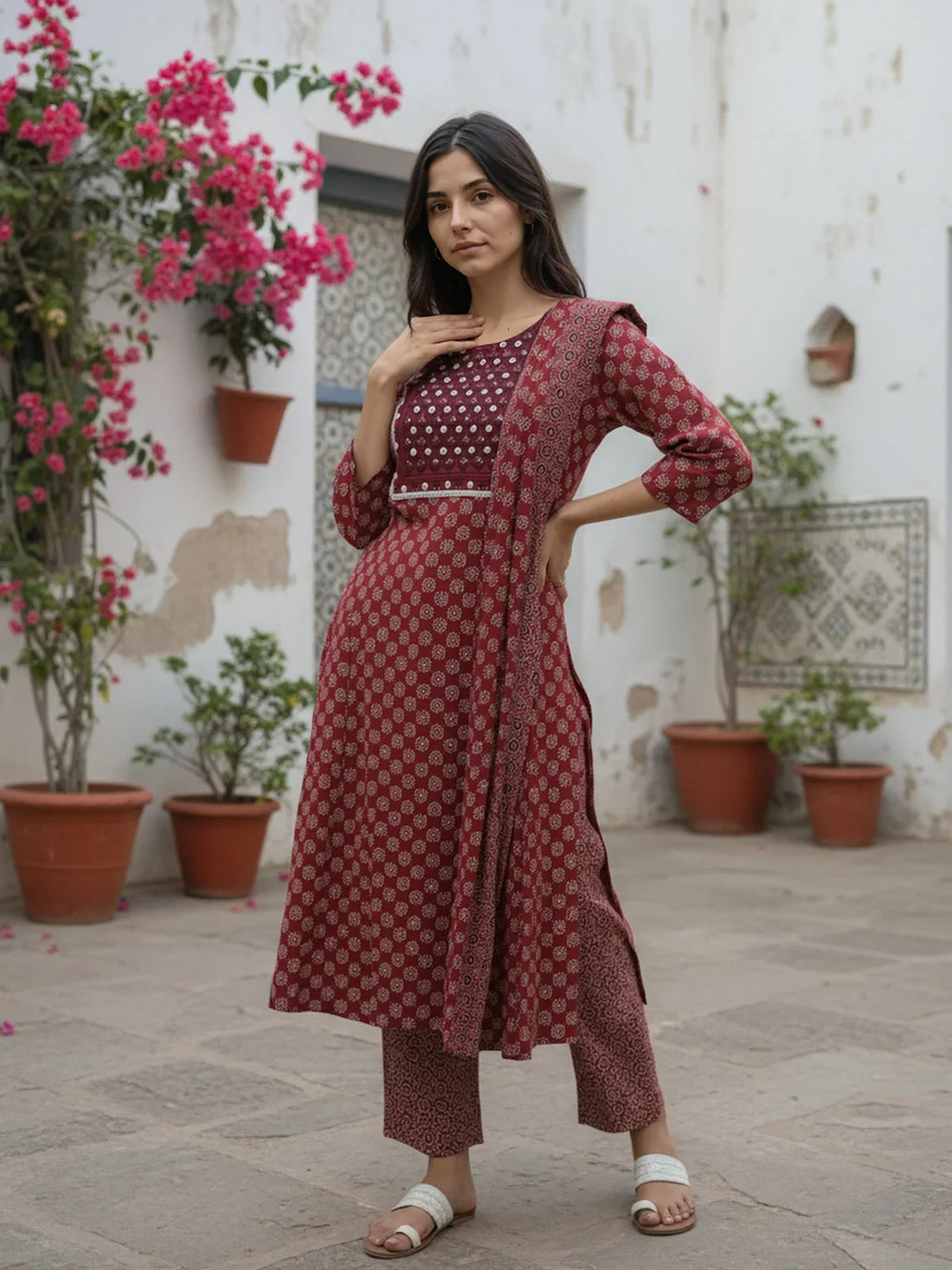 Buy Cotton EmbroideStraight Calf Length Kurta with Pant and Dupatta-Red