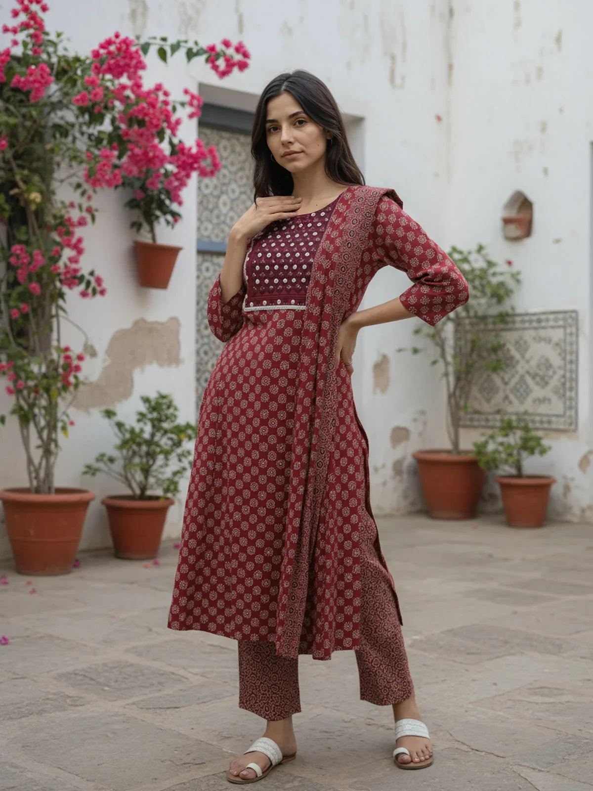 Buy Cotton EmbroideStraight Calf Length Kurta with Pant and Dupatta-Red
