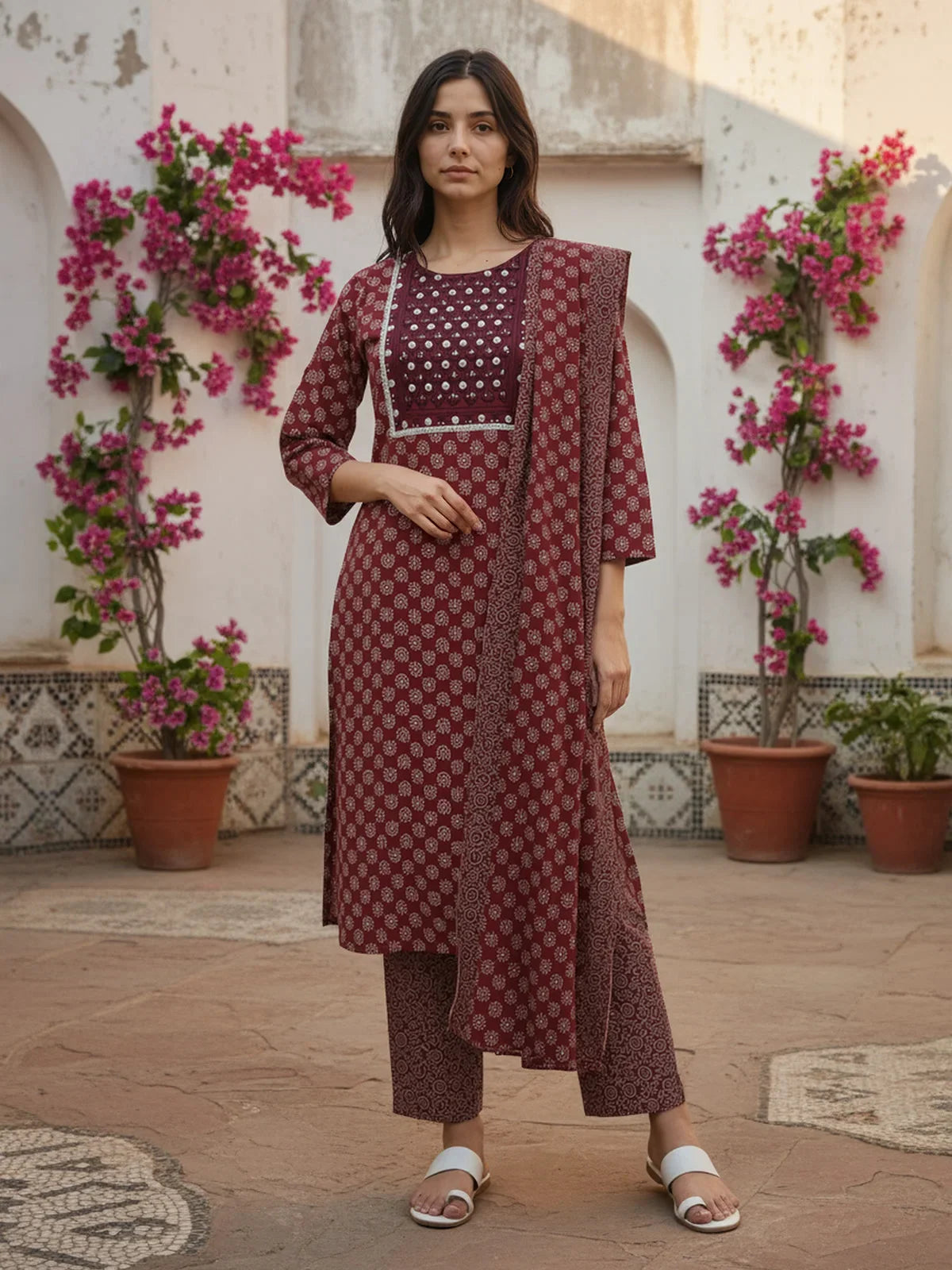 Buy Cotton EmbroideStraight Calf Length Kurta with Pant and Dupatta-Red