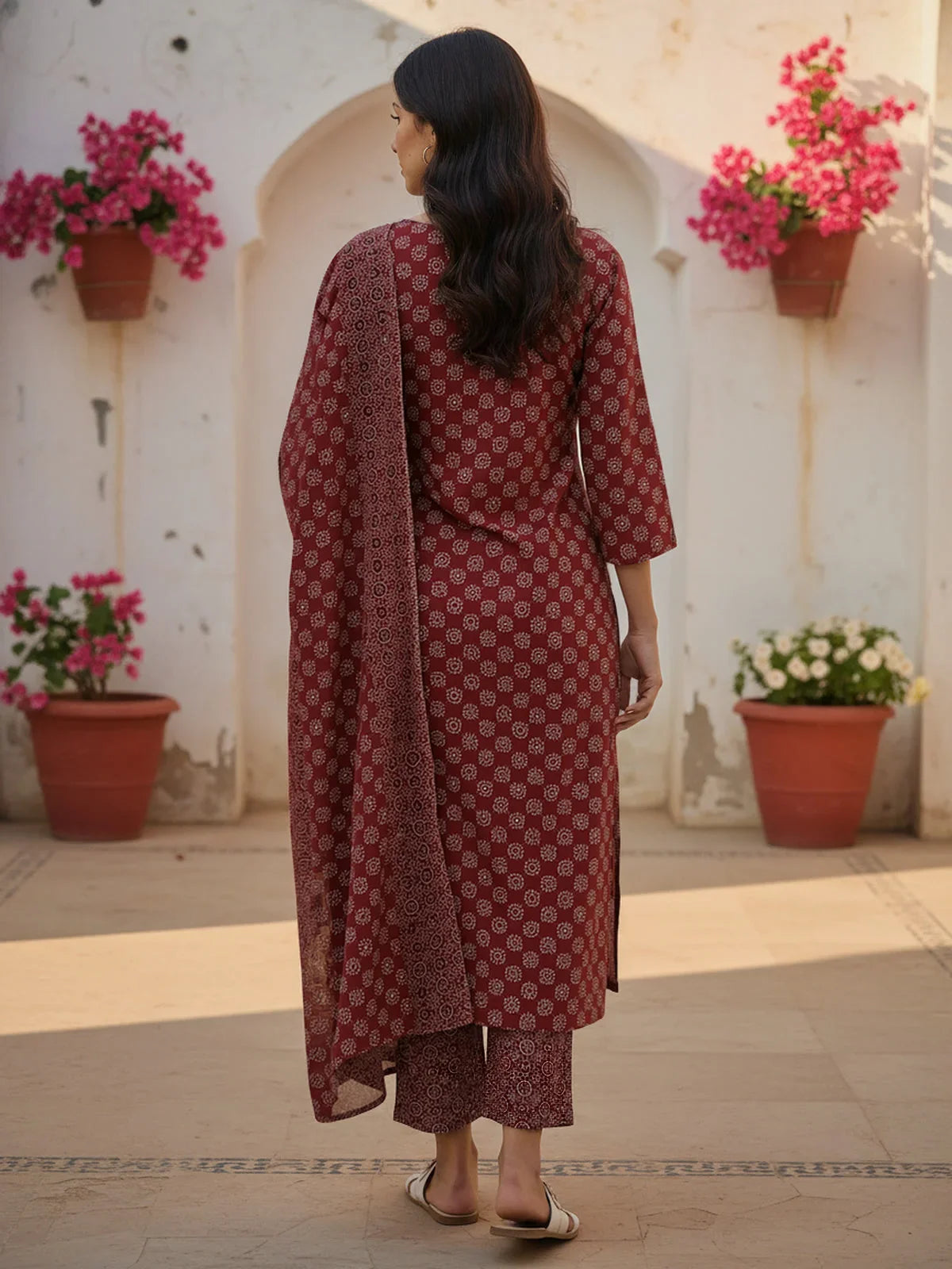 Buy Cotton EmbroideStraight Calf Length Kurta with Pant and Dupatta-Red