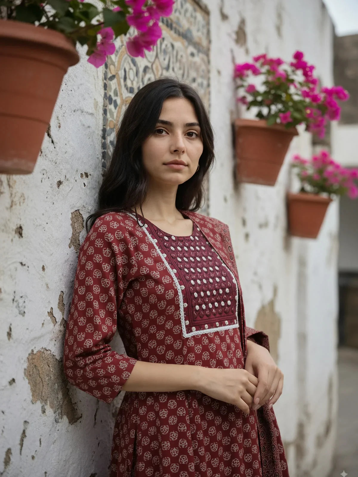 Buy Cotton EmbroideStraight Calf Length Kurta with Pant and Dupatta-Red