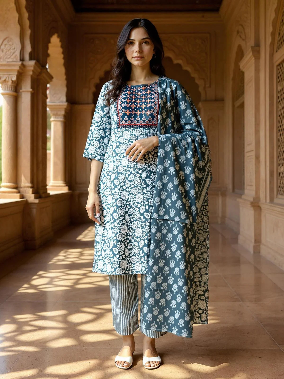 Buy Rayon Embroidered Straight Calf Length Kurta with Pant and Dupatta-Grey