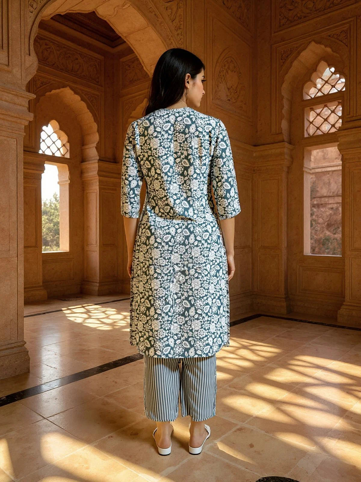 Buy Rayon Embroidered Straight Calf Length Kurta with Pant and Dupatta-Grey