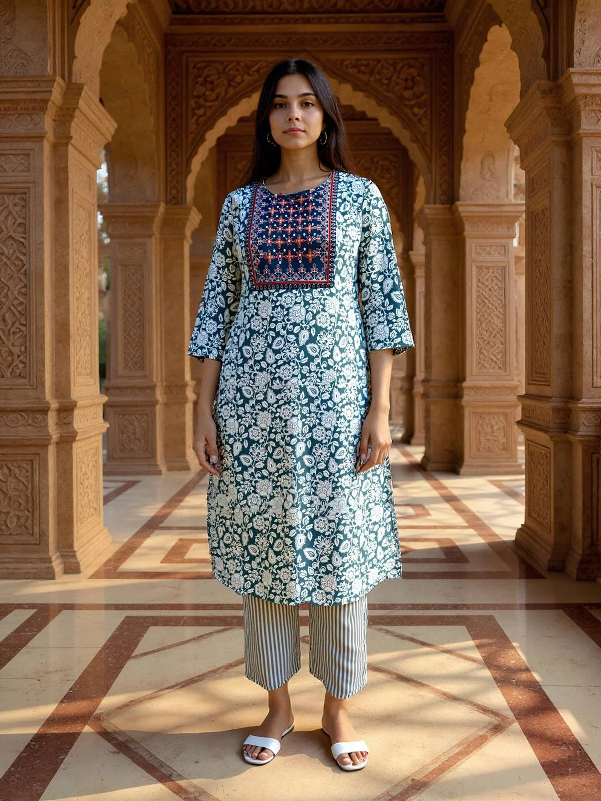 Buy Rayon Embroidered Straight Calf Length Kurta with Pant and Dupatta-Grey