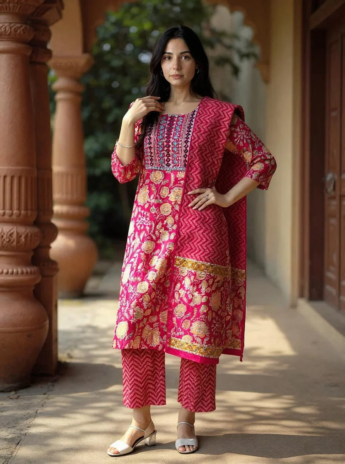 Buy Rayon Embroidered Straight Calf Length Kurta with Pant and Dupatta-Pink