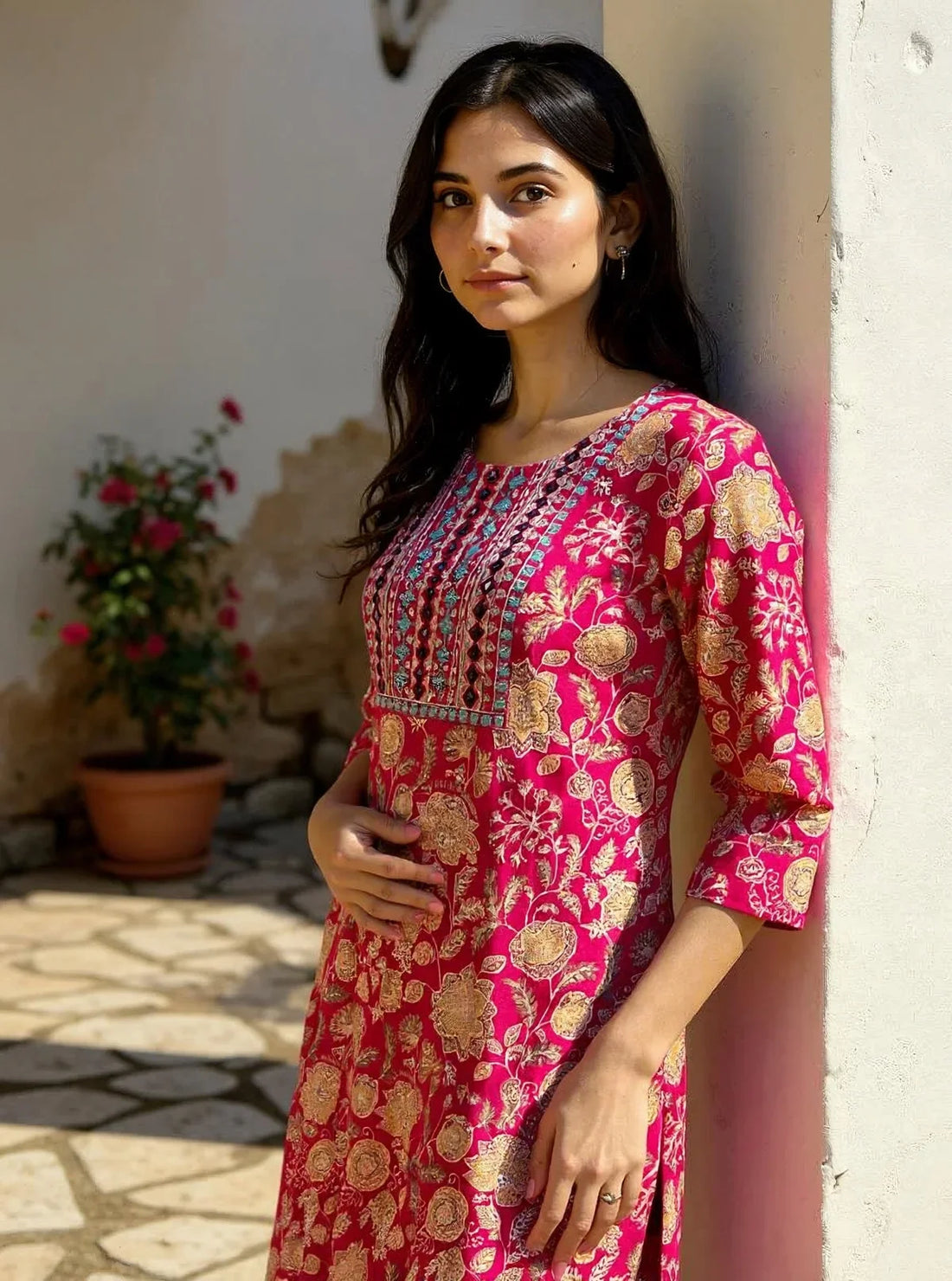 Buy Rayon Embroidered Straight Calf Length Kurta with Pant and Dupatta-Pink