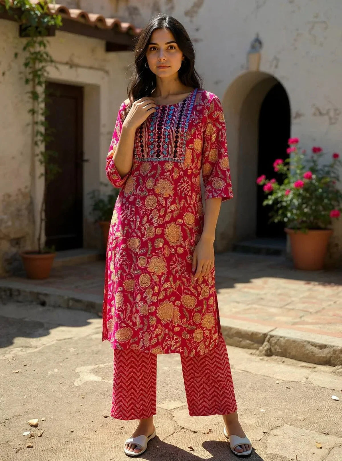 Buy Rayon Embroidered Straight Calf Length Kurta with Pant and Dupatta-Pink