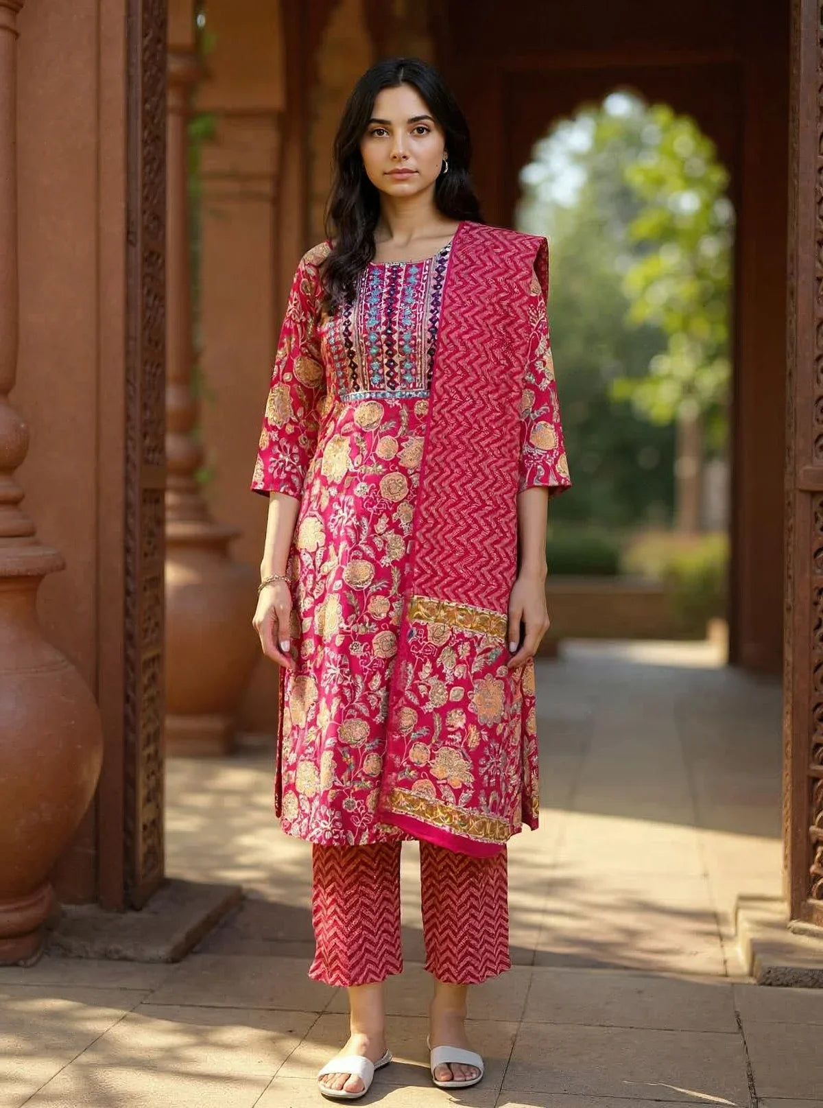 Buy Rayon Embroidered Straight Calf Length Kurta with Pant and Dupatta-Pink