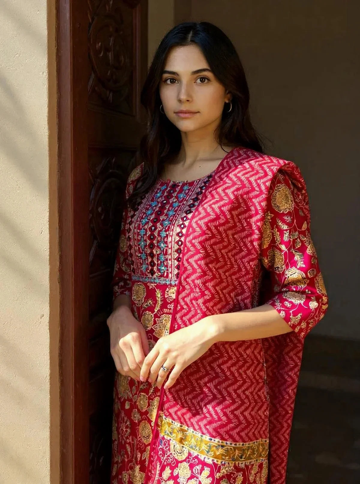 Buy Rayon Embroidered Straight Calf Length Kurta with Pant and Dupatta-Pink