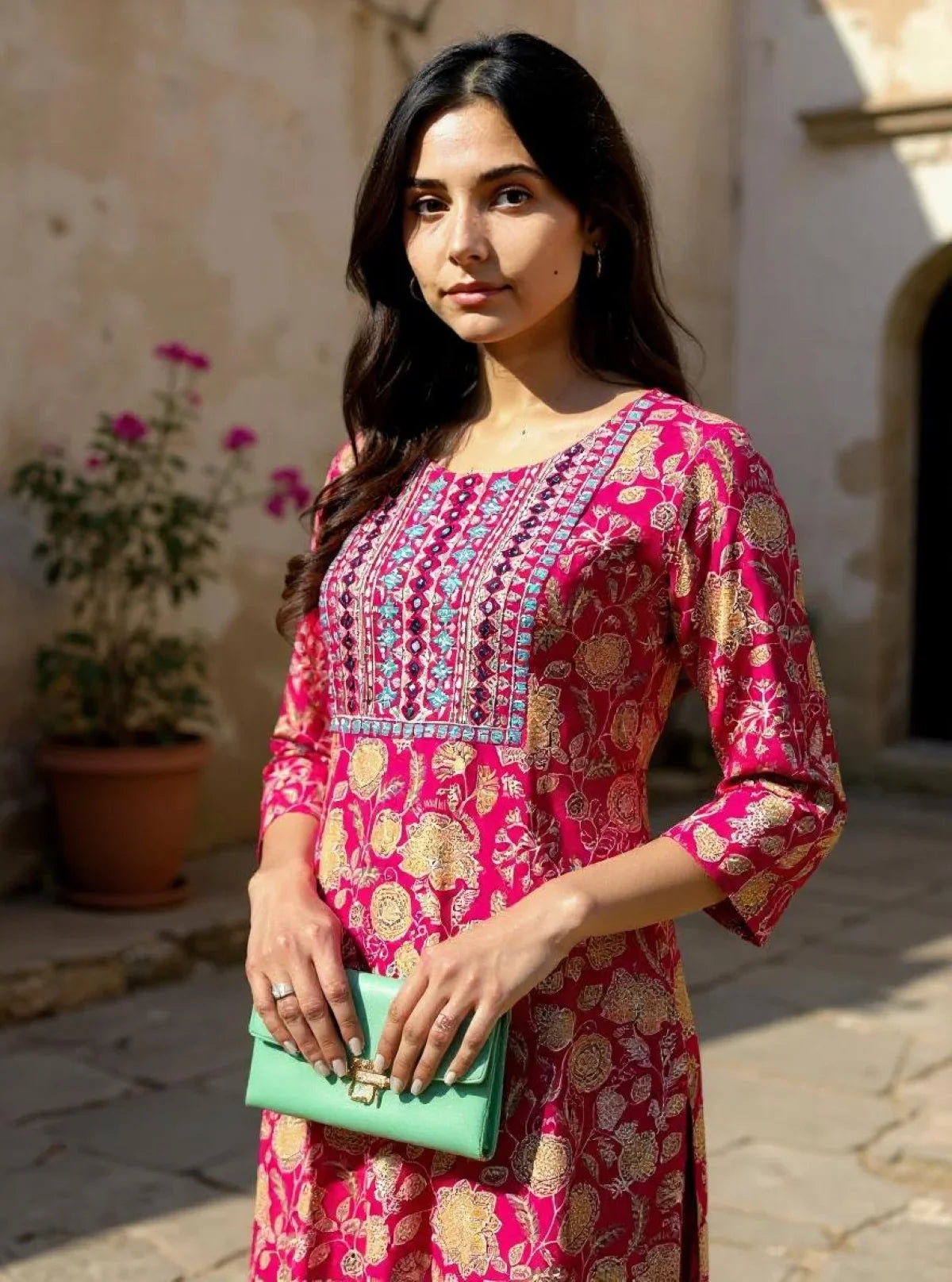 Buy Rayon Embroidered Straight Calf Length Kurta with Pant and Dupatta-Pink