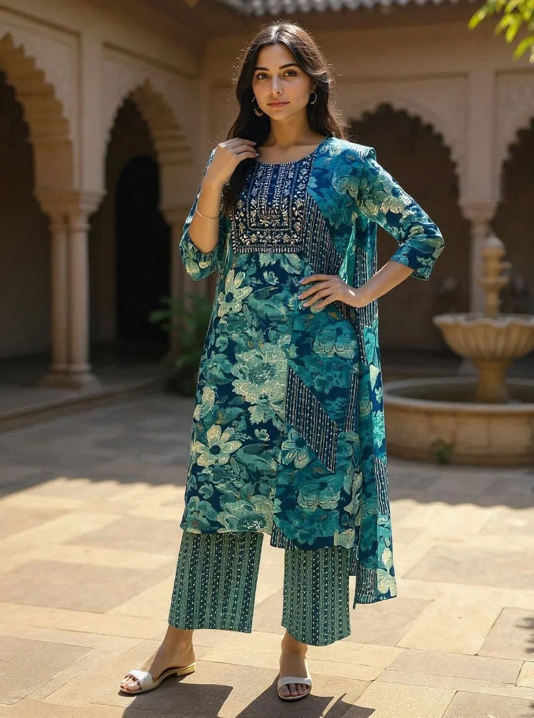 Buy Rayon Embroidered Straight Calf Length Kurta with Pant and Dupatta-Blue
