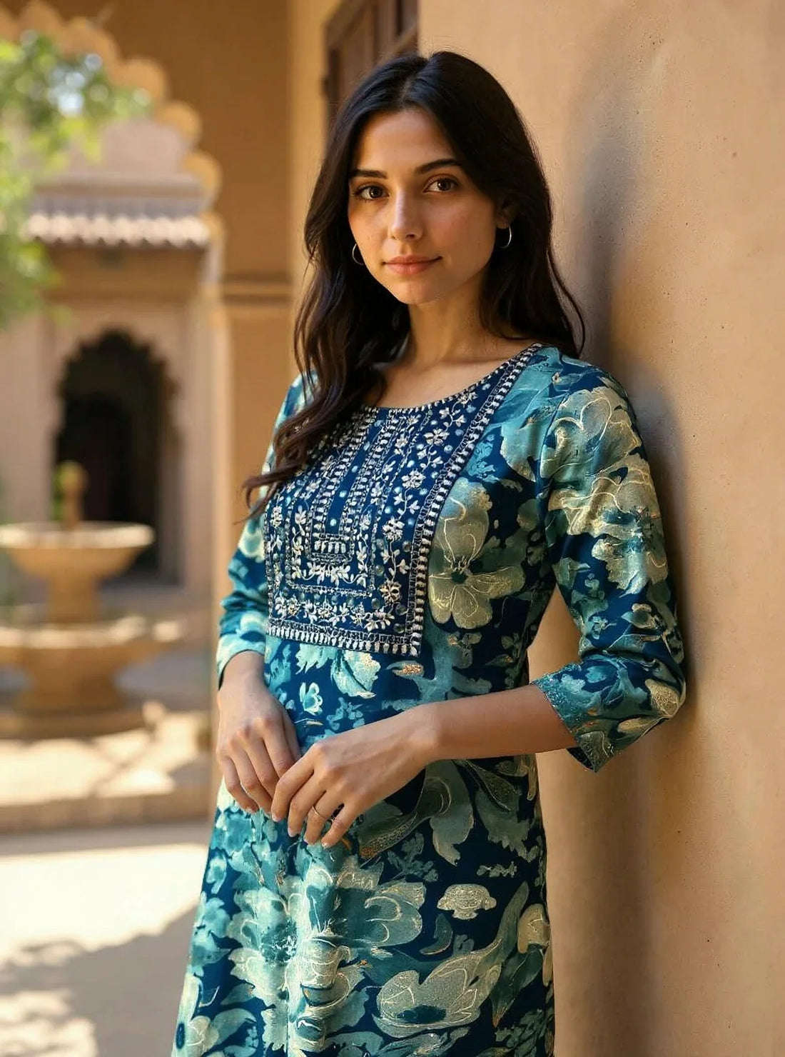 Buy Rayon Embroidered Straight Calf Length Kurta with Pant and Dupatta-Blue