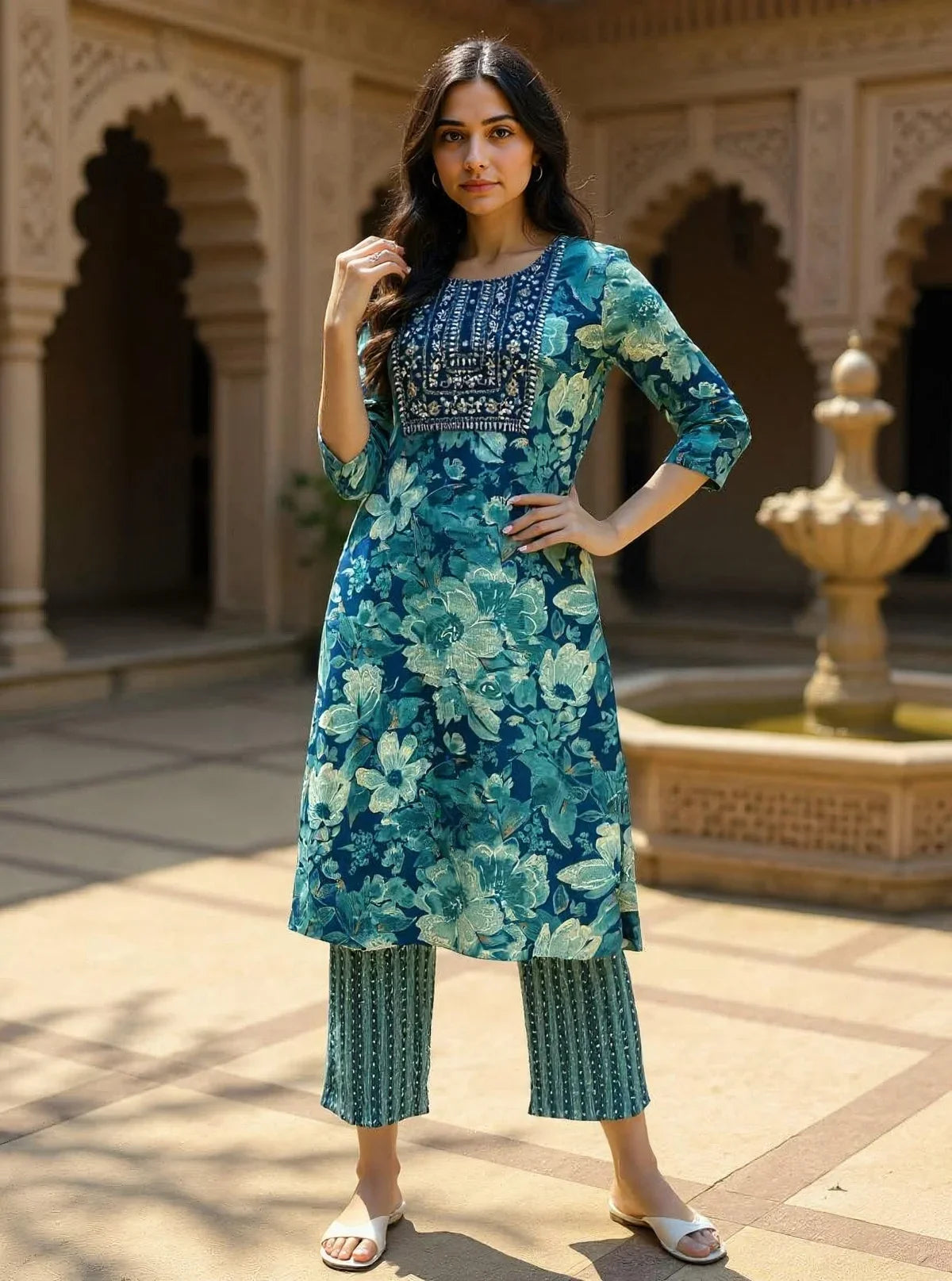 Buy Rayon Embroidered Straight Calf Length Kurta with Pant and Dupatta-Blue