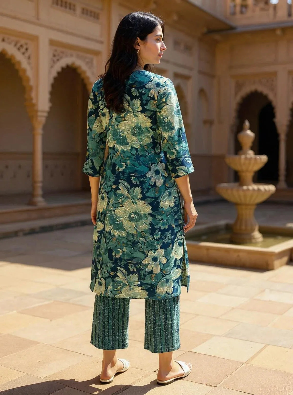 Buy Rayon Embroidered Straight Calf Length Kurta with Pant and Dupatta-Blue