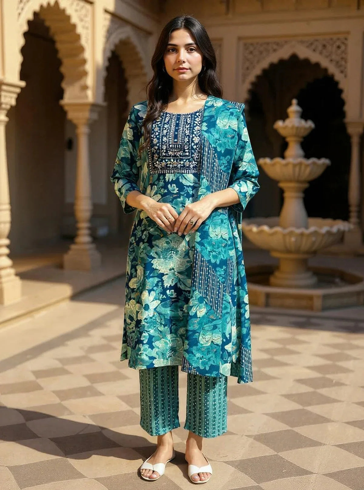 Buy Rayon Embroidered Straight Calf Length Kurta with Pant and Dupatta-Blue