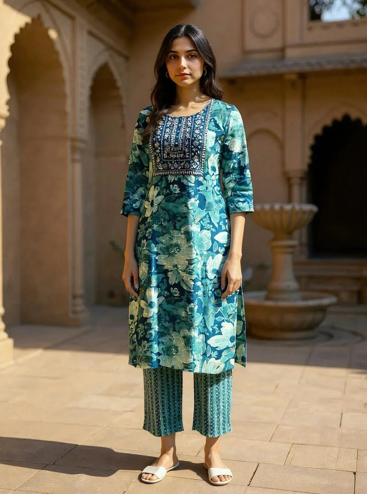 Buy Rayon Embroidered Straight Calf Length Kurta with Pant and Dupatta-Blue