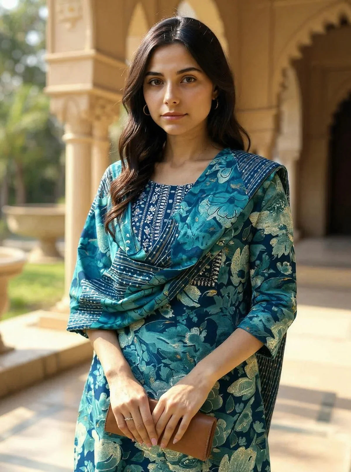 Buy Rayon Embroidered Straight Calf Length Kurta with Pant and Dupatta-Blue