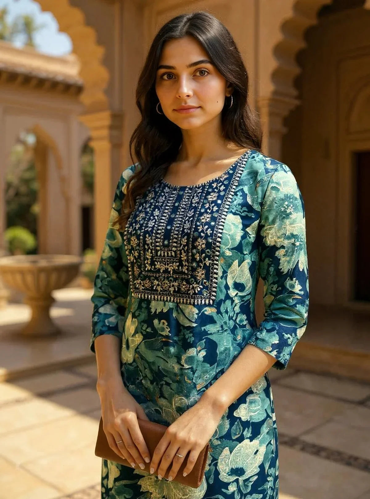 Buy Rayon Embroidered Straight Calf Length Kurta with Pant and Dupatta-Blue