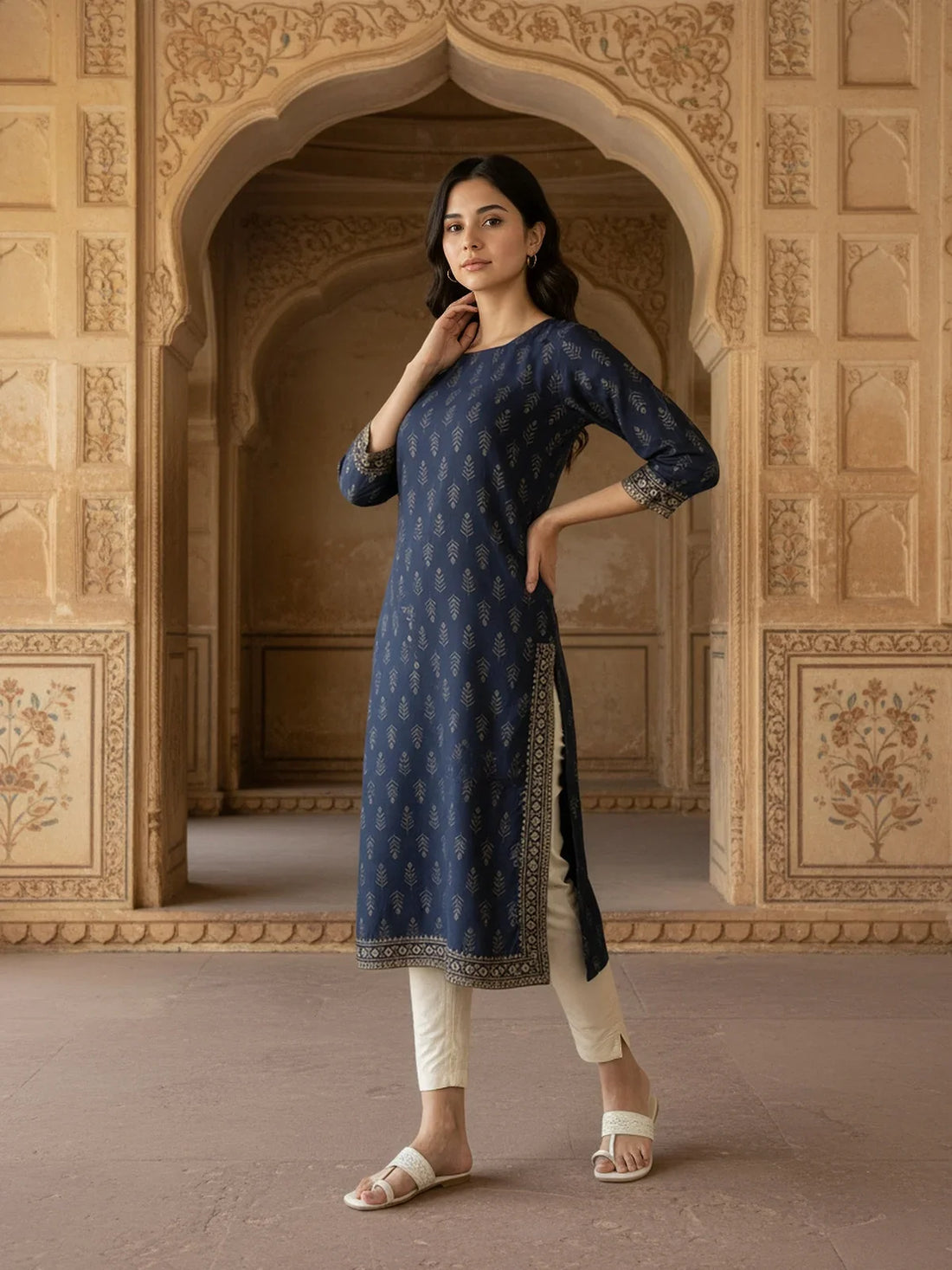 Buy Viscose Printed Straight Knee Length Kurta-Blue