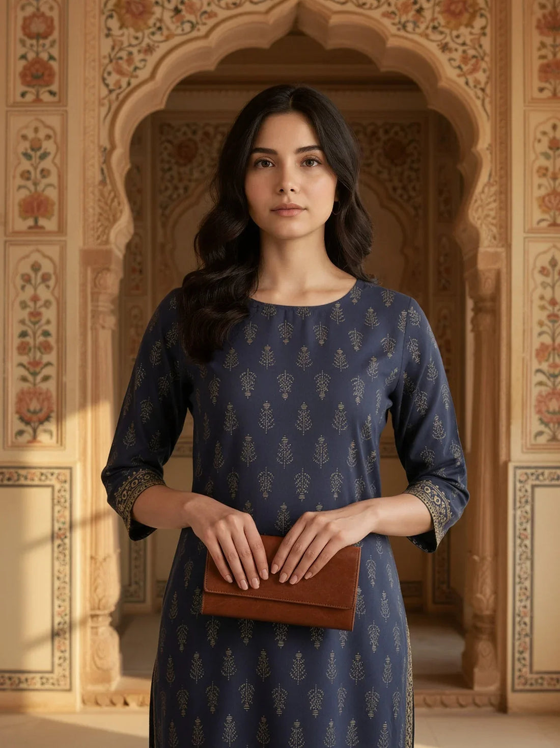 Buy Viscose Printed Straight Knee Length Kurta-Blue