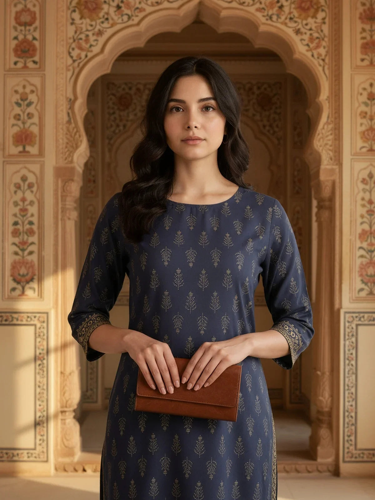 Buy Viscose Printed Straight Knee Length Kurta-Blue