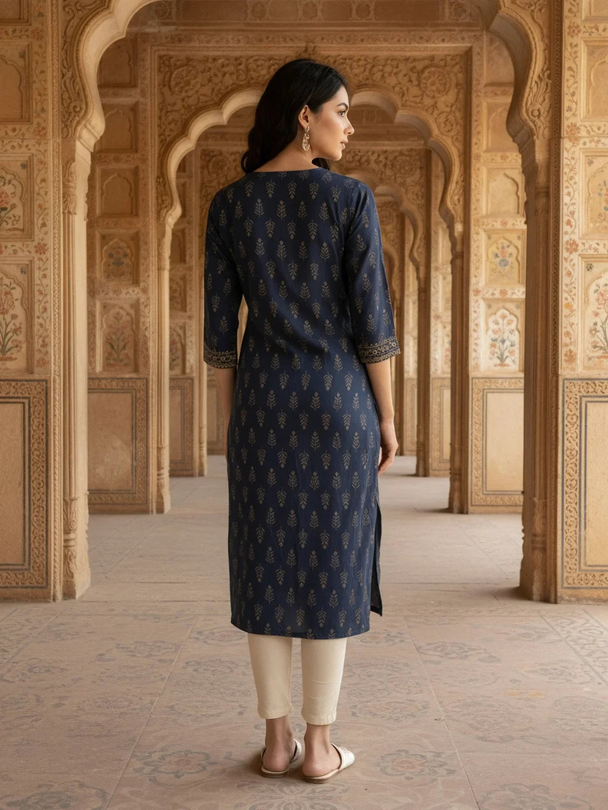 Buy Viscose Printed Straight Knee Length Kurta-Blue