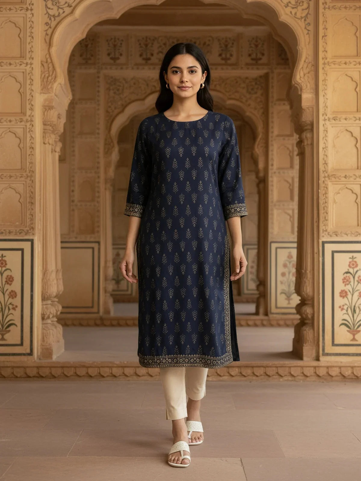 Buy Viscose Printed Straight Knee Length Kurta-Blue