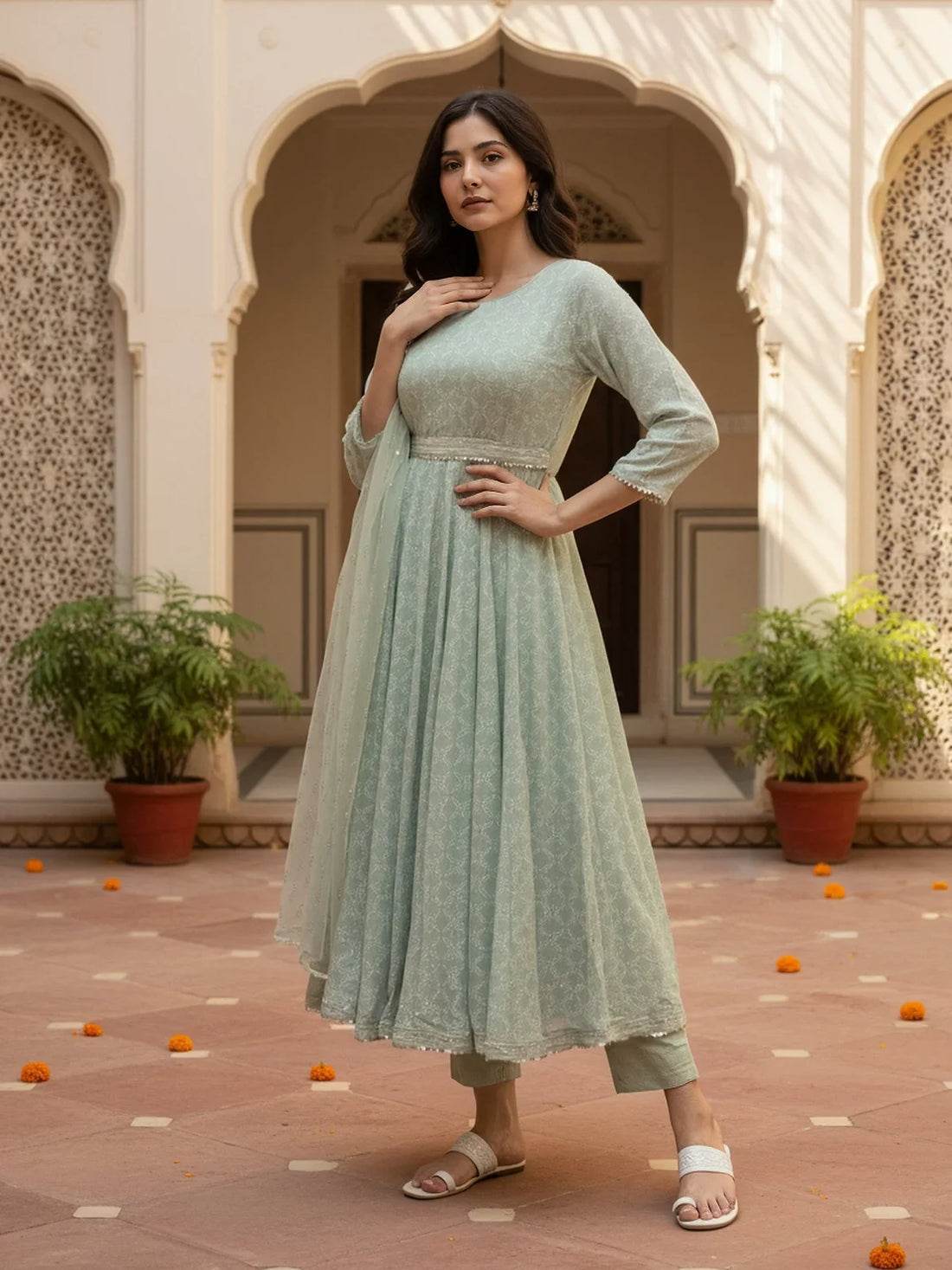 Buy Rayon Printed Anarkali Calf Length Kurta with Pant and Dupatta-Green