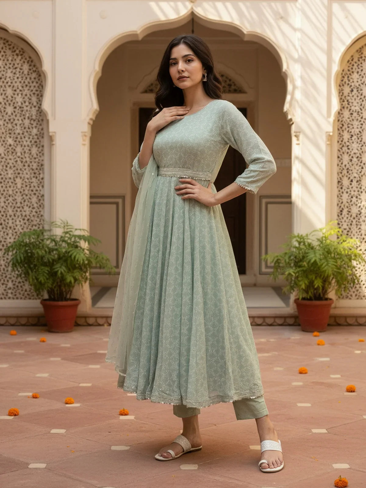 Buy Rayon Printed Anarkali Calf Length Kurta with Pant and Dupatta-Green
