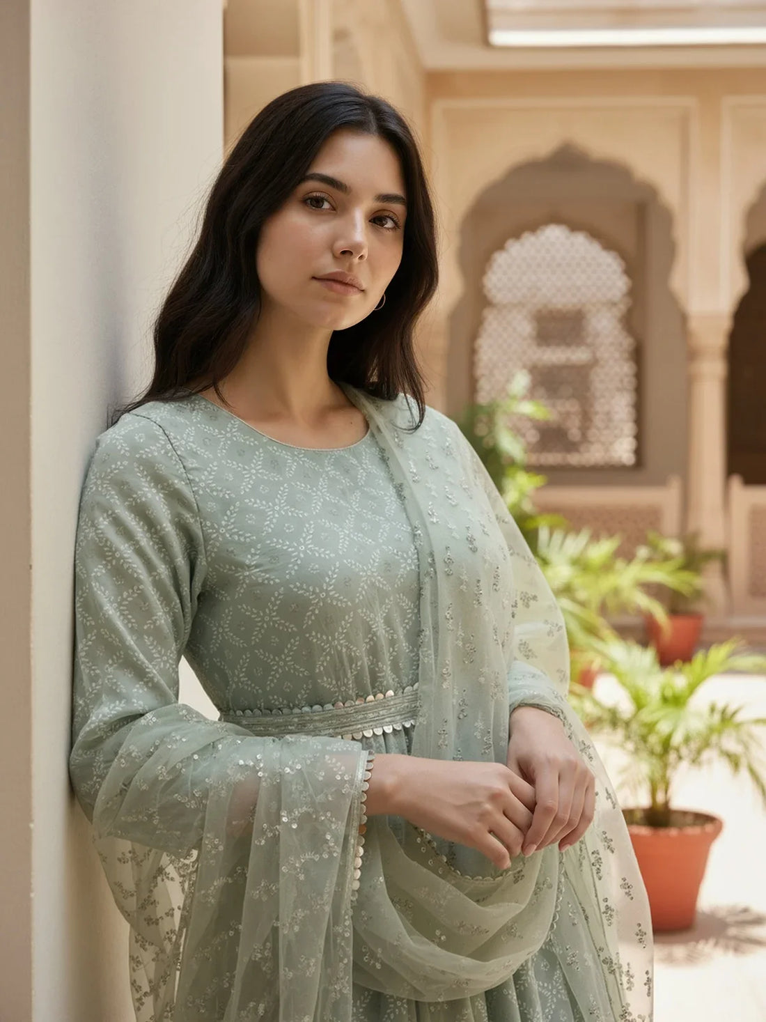 Buy Rayon Printed Anarkali Calf Length Kurta with Pant and Dupatta-Green