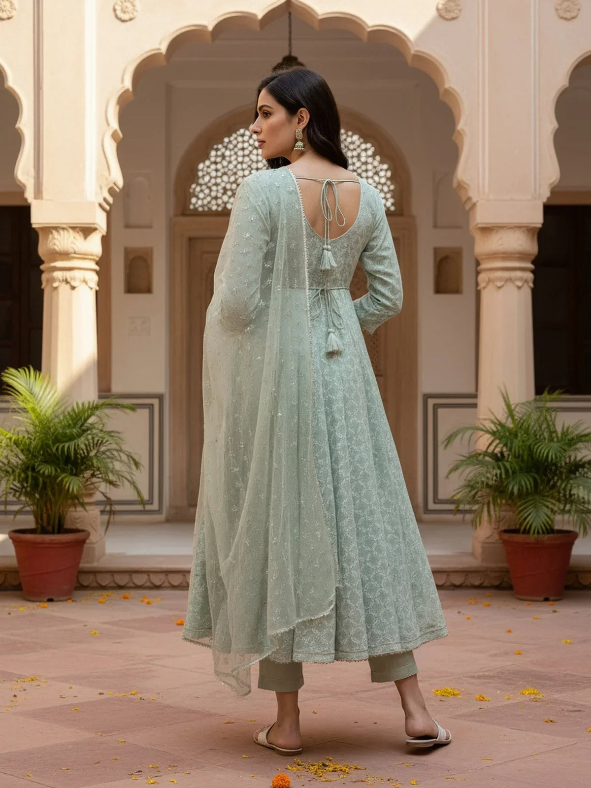 Buy Rayon Printed Anarkali Calf Length Kurta with Pant and Dupatta-Green