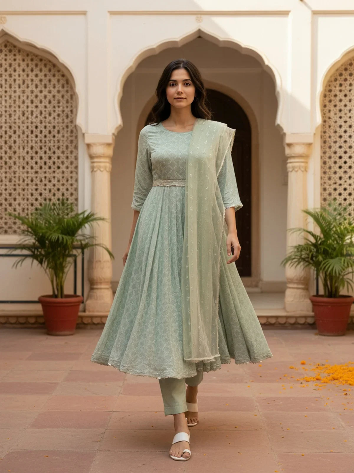 Buy Rayon Printed Anarkali Calf Length Kurta with Pant and Dupatta-Green