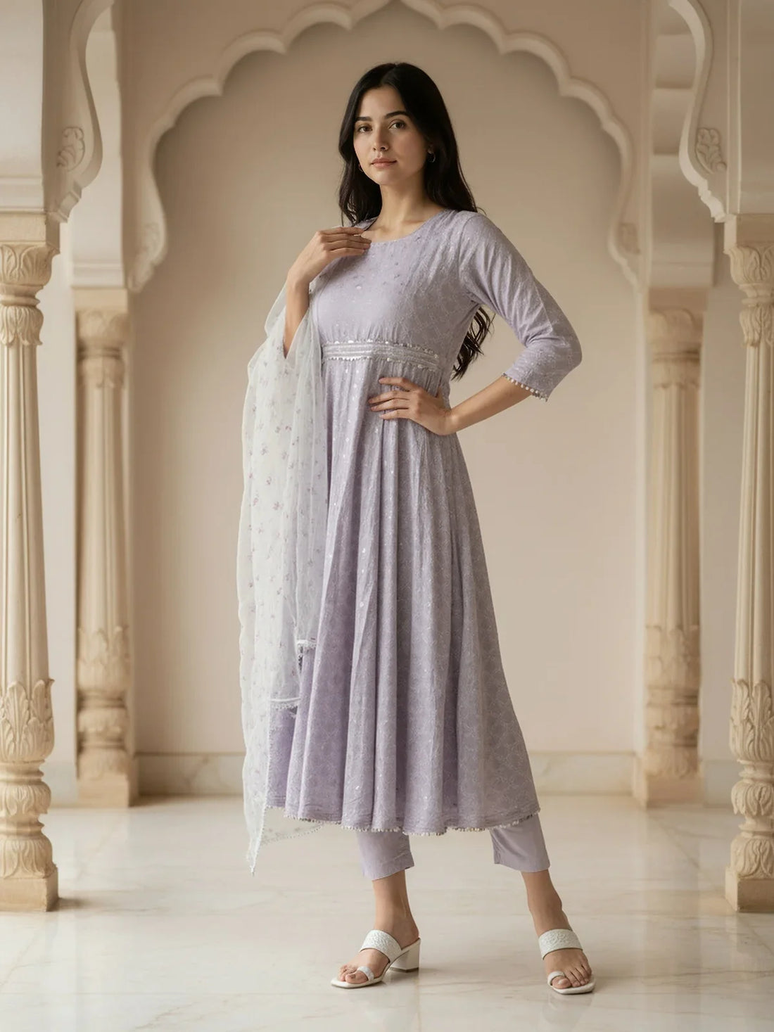 Buy Rayon Printed Anarkali Calf Length Kurta with Pant and Dupatta-Lavender