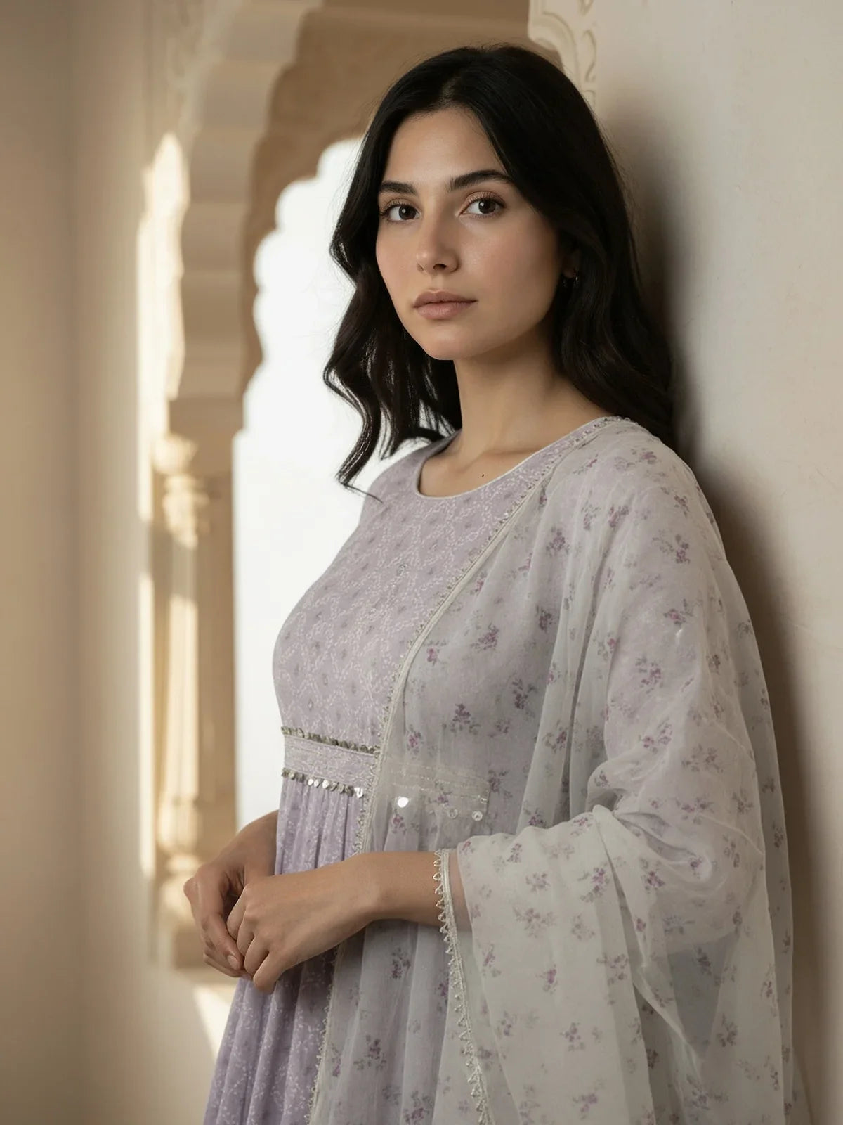 Buy Rayon Printed Anarkali Calf Length Kurta with Pant and Dupatta-Lavender
