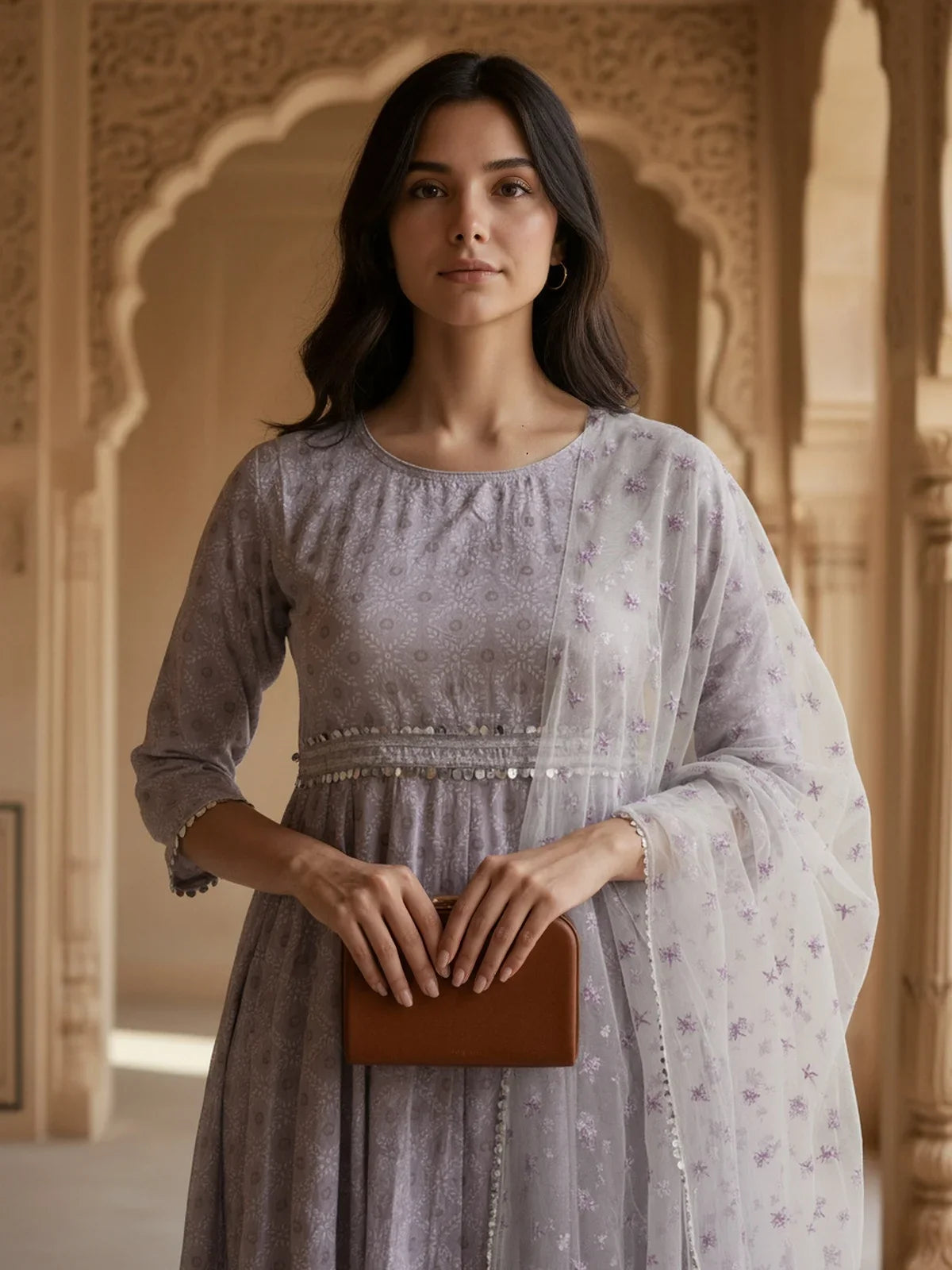 Buy Rayon Printed Anarkali Calf Length Kurta with Pant and Dupatta-Lavender