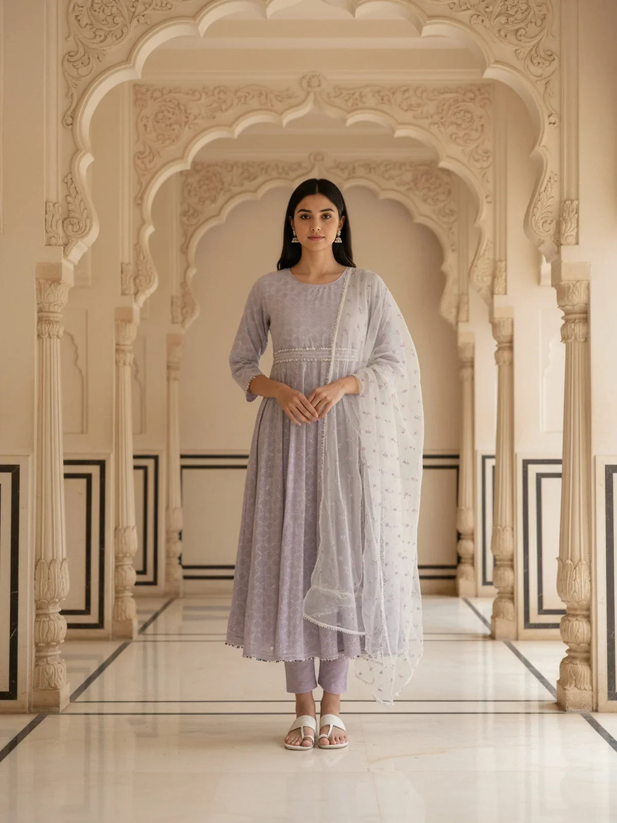 Buy Rayon Printed Anarkali Calf Length Kurta with Pant and Dupatta-Lavender