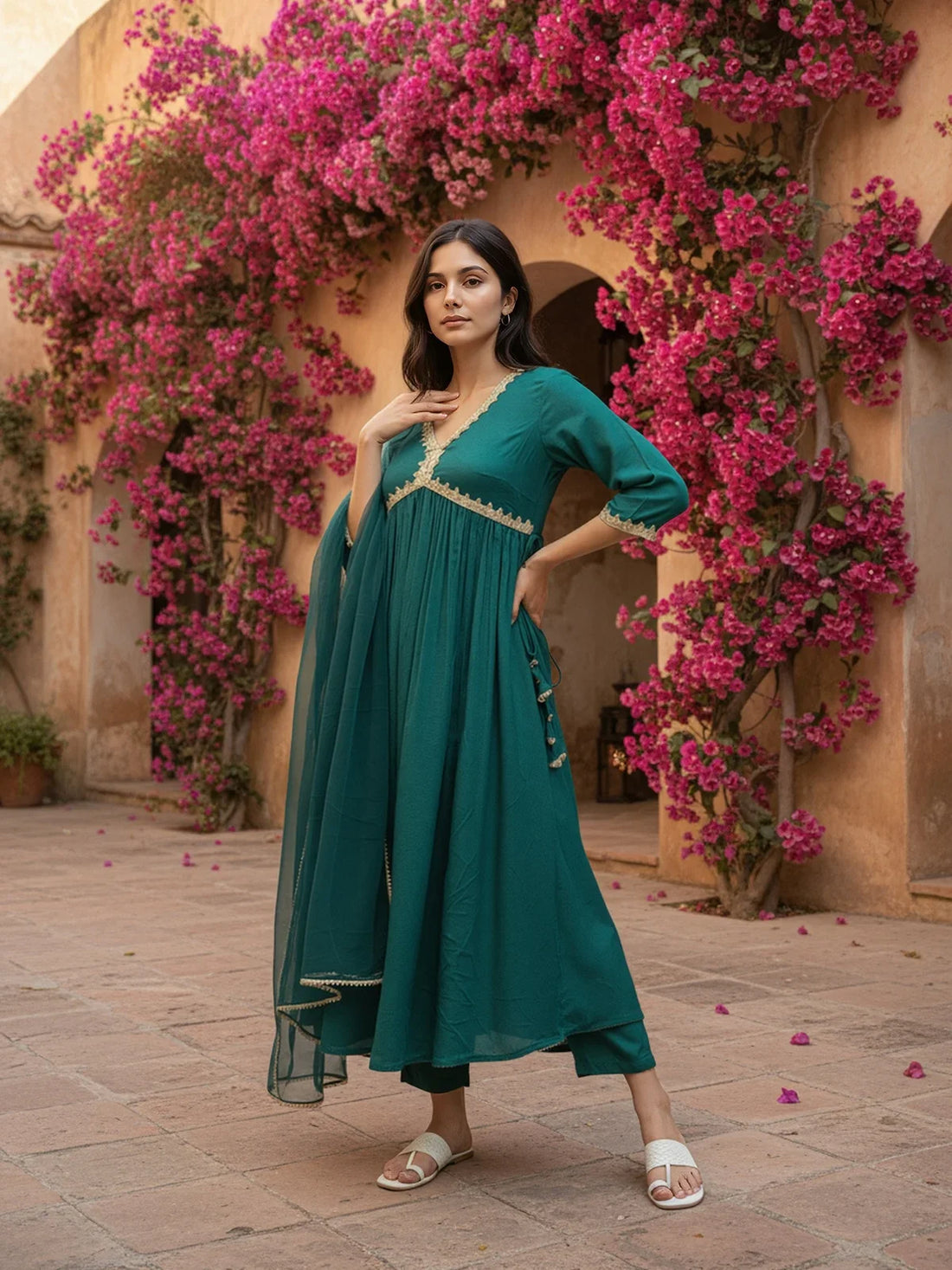 Buy Rayon Embroidered Anarkali Calf Length Kurta with Pant and Dupatta-Green