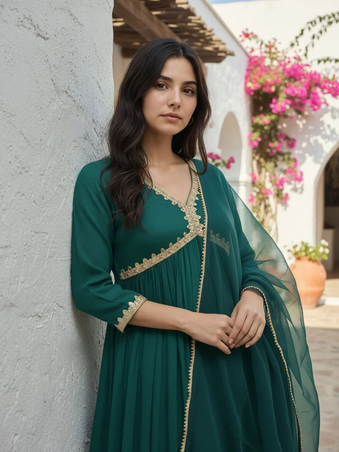 Buy Rayon Embroidered Anarkali Calf Length Kurta with Pant and Dupatta-Green