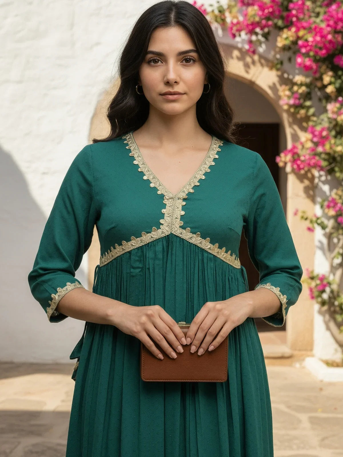 Buy Rayon Embroidered Anarkali Calf Length Kurta with Pant and Dupatta-Green