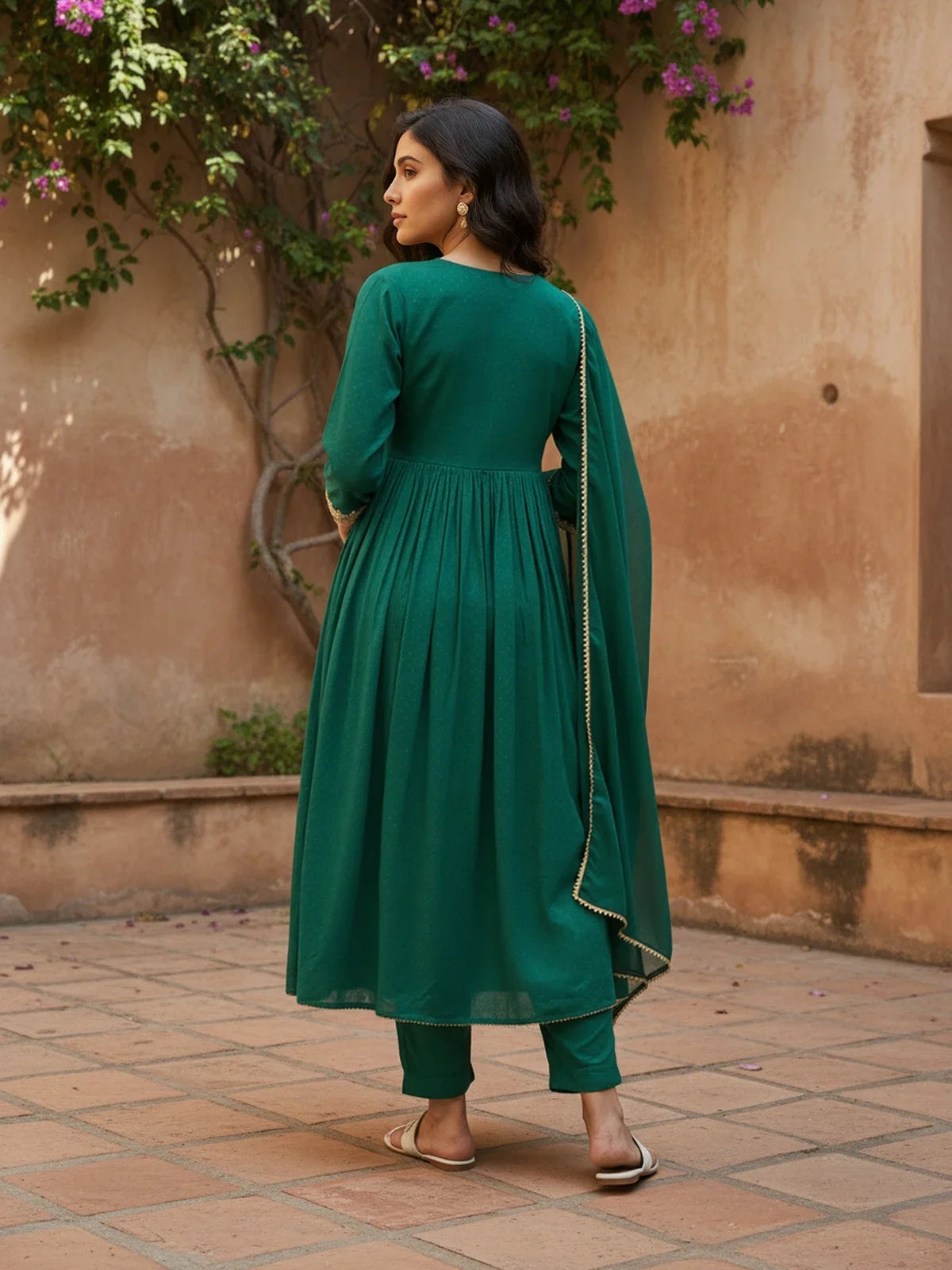 Buy Rayon Embroidered Anarkali Calf Length Kurta with Pant and Dupatta-Green