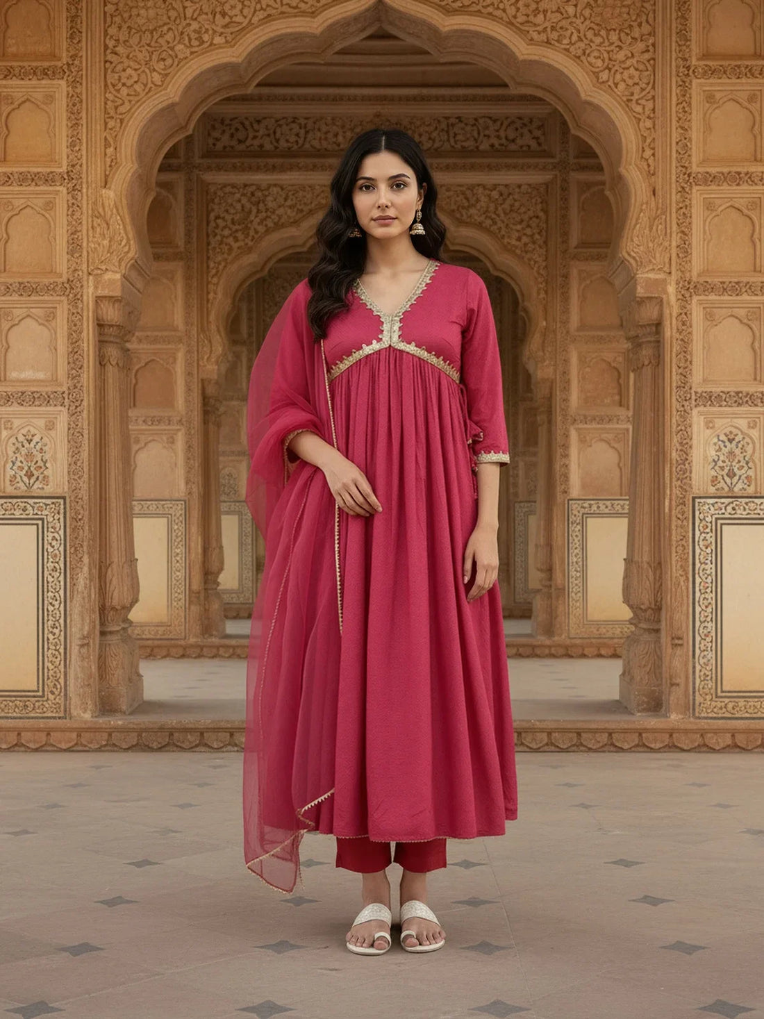 Buy Rayon Embroidered Anarkali Calf Length Kurta with Pant and Dupatta-Pink