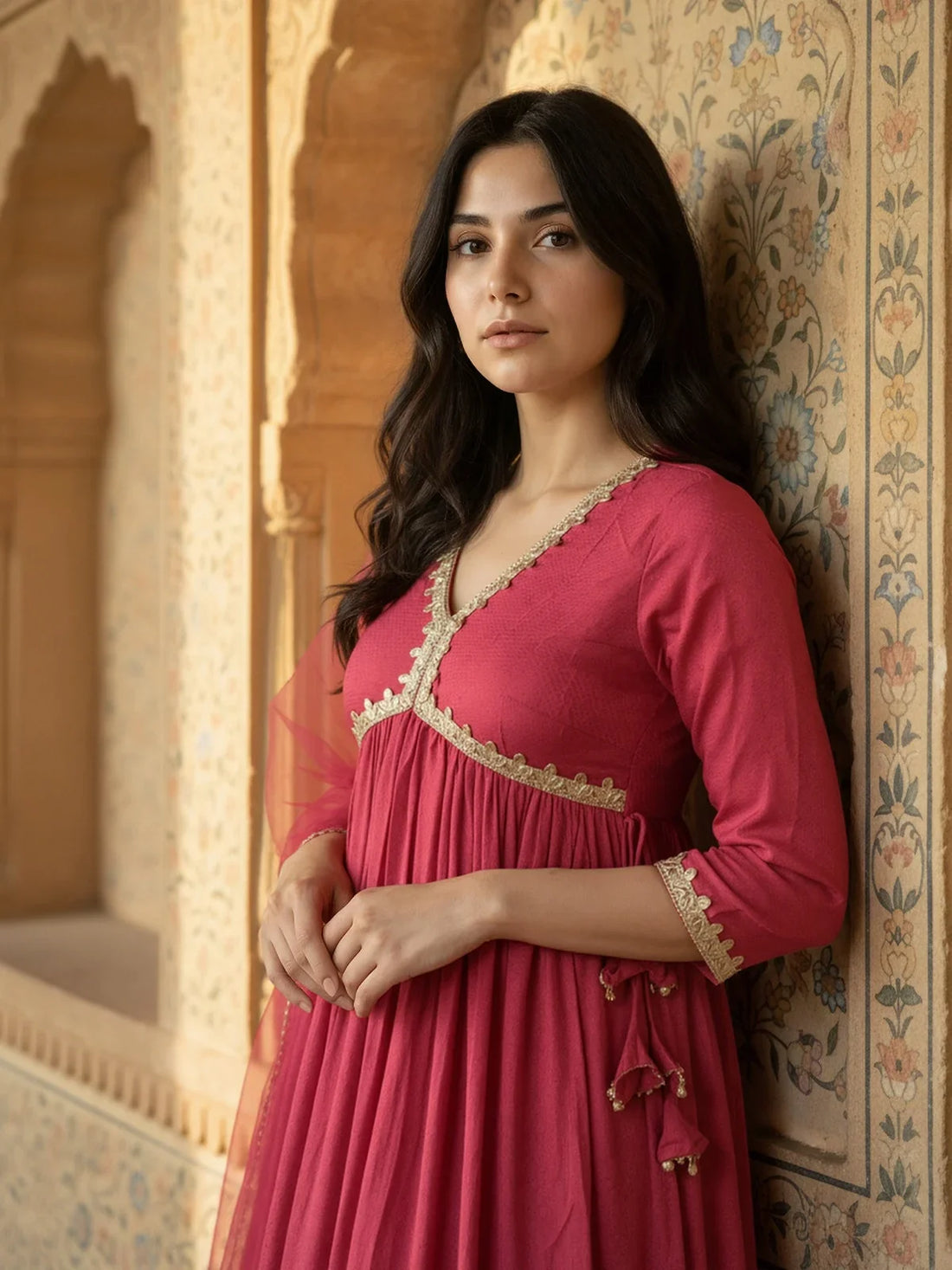 Buy Rayon Embroidered Anarkali Calf Length Kurta with Pant and Dupatta-Pink